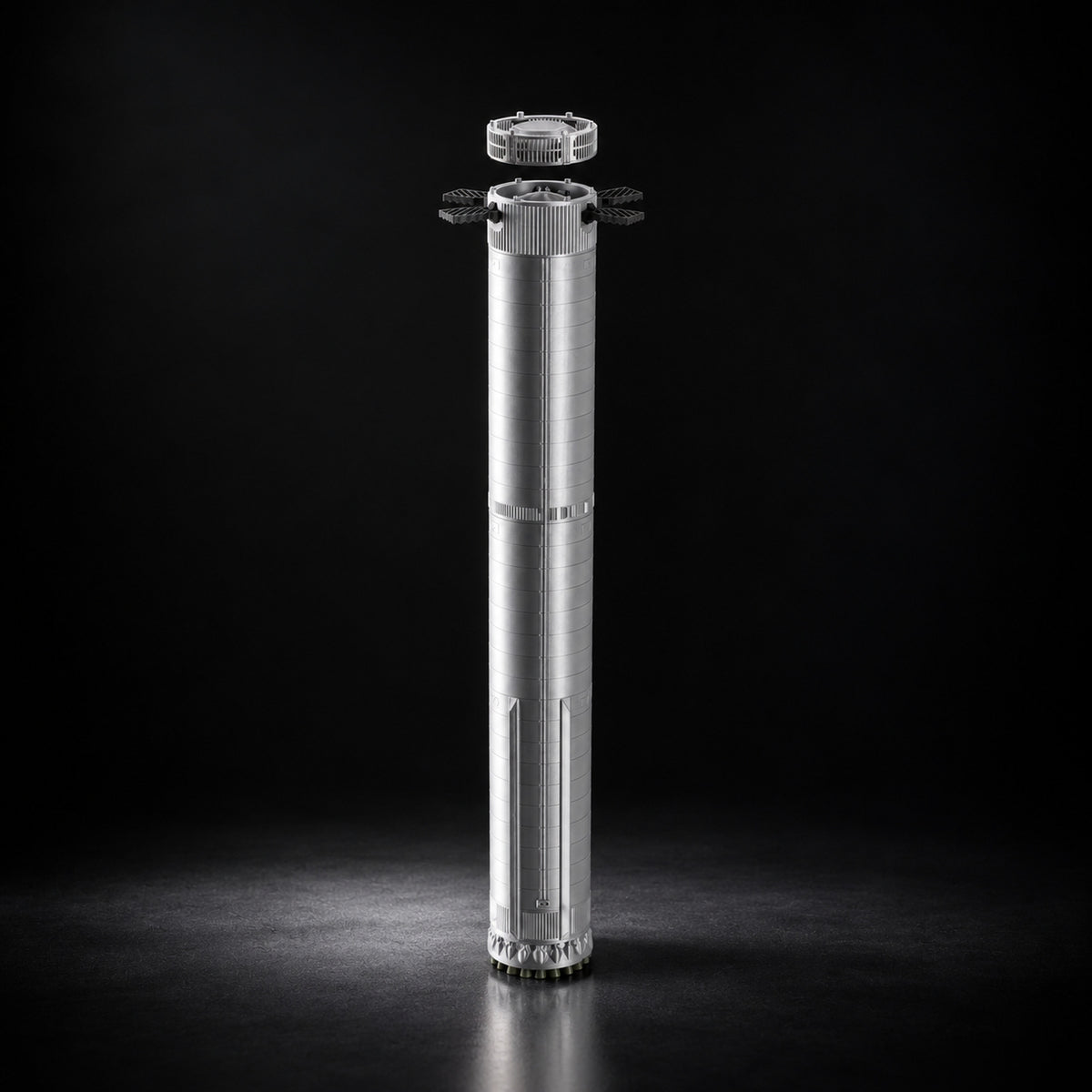 Super Heavy booster scale model on a dark studio background