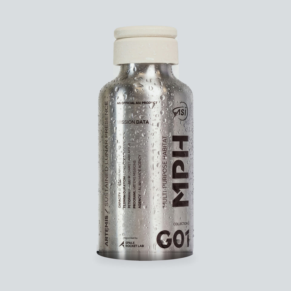 MPH stainless steel water bottle with the engraved ASI technical schematic, front view