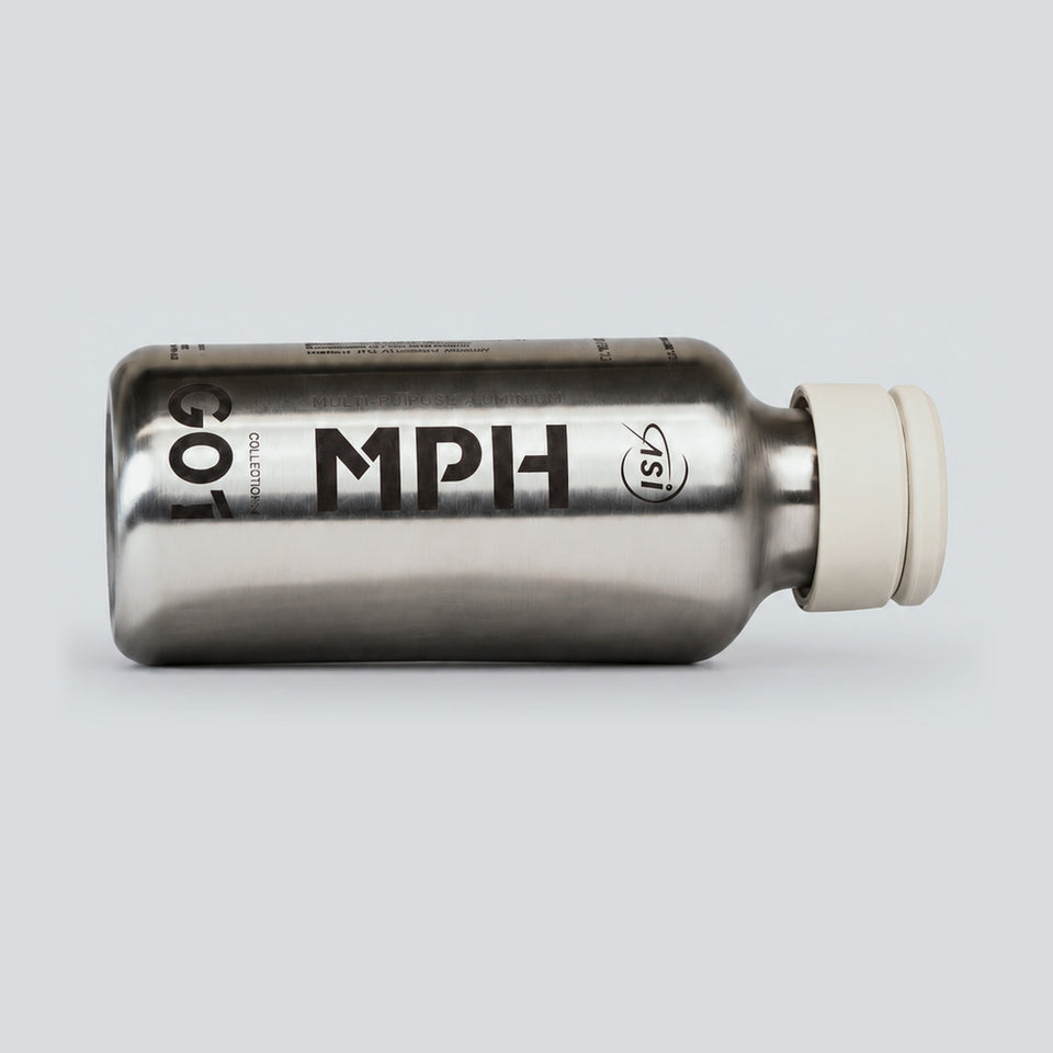 MPH stainless steel water bottle lying on its side, with the engraved cap