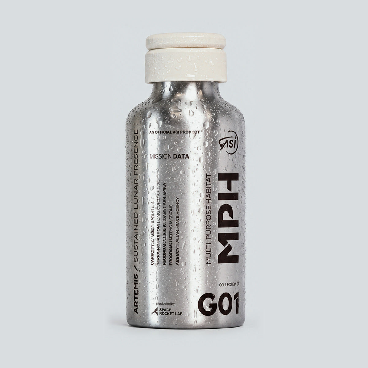MPH stainless steel water bottle with the engraved ASI technical schematic