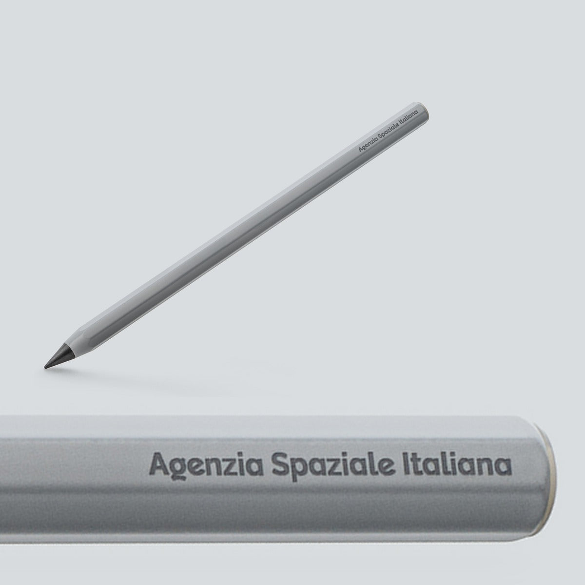 ASI infinity pencil in grey, with a close-up of the Agenzia Spaziale Italiana engraving