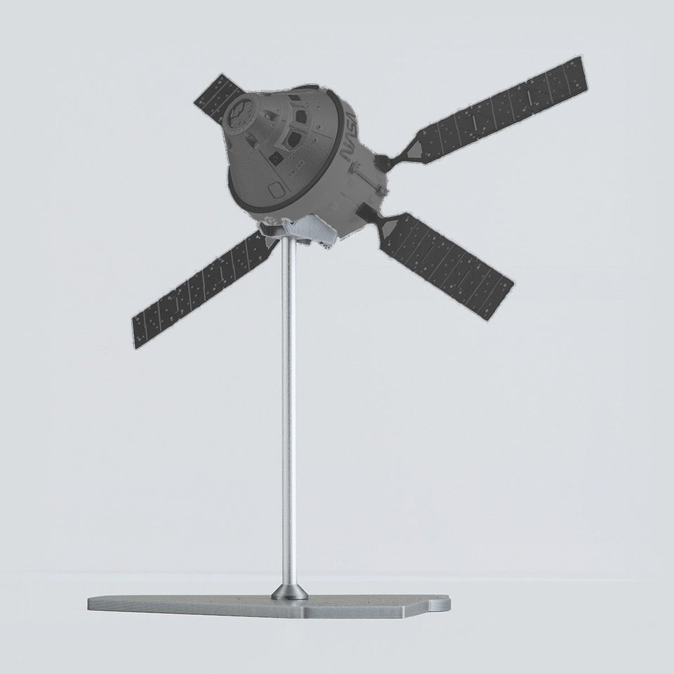 ESM display stand: rod, base and cradle highlighted, with the European Service Module and Orion shown greyed out