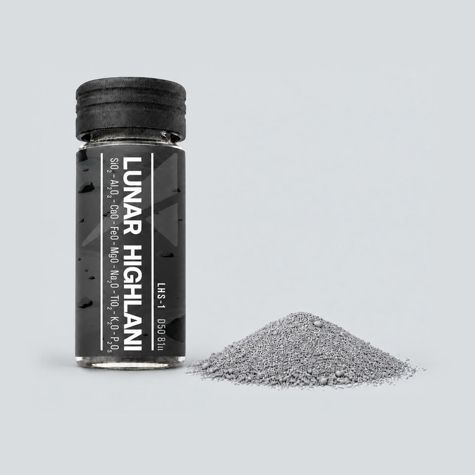 Lunar Highlands LHS-1 regolith simulant vial with a small pile of pale grey powder