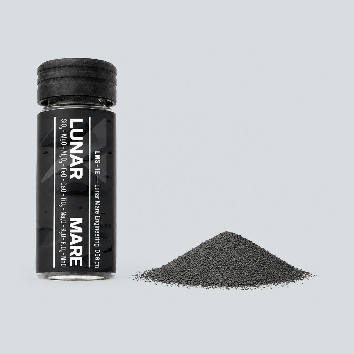 Lunar Mare Engineering Grade LMS-1E regolith simulant vial with a small pile of dark grey powder