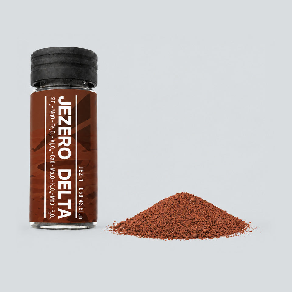 Mars Jezero Delta JEZ-1 regolith simulant vial with a small pile of brown-red powder