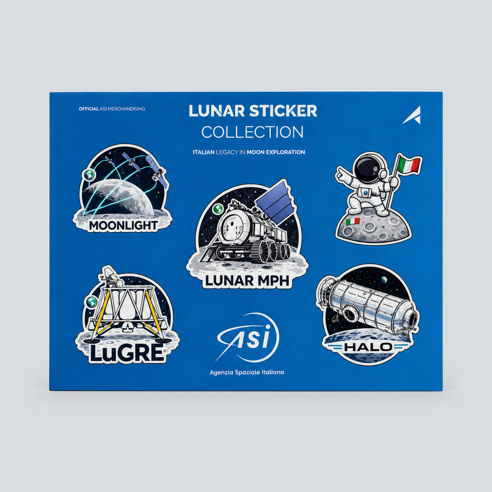 ASI Lunar Sticker Collection sheet: Moonlight, Lunar MPH, astronaut, LuGRE, HALO and ASI stickers
