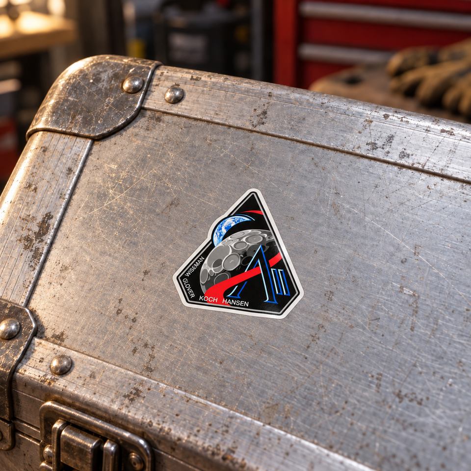 Artemis II mission badge vinyl sticker applied on a worn aluminium flight case in a workshop
