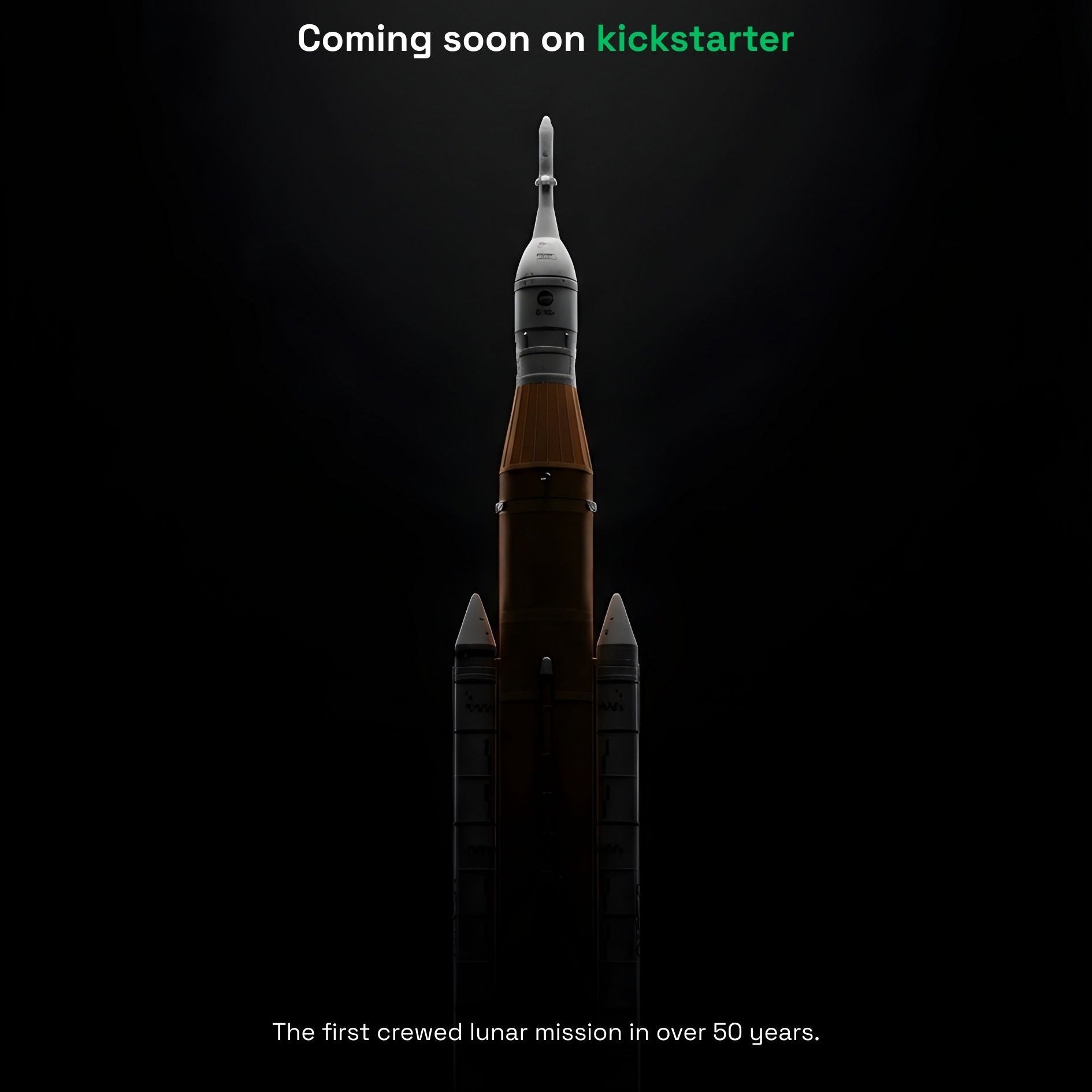 Rocket model with 'Coming soon on Kickstarter' text on a dark background