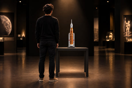 Il modello SLS 1:144 alto 72 cm esposto su un tavolo in una sala museale, con un visitatore accanto che ne mostra la scala