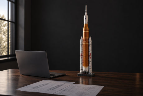 Il modello SLS 1:144 alto 72 cm su una scrivania accanto a un laptop aperto e a tavole tecniche, per capirne le dimensioni