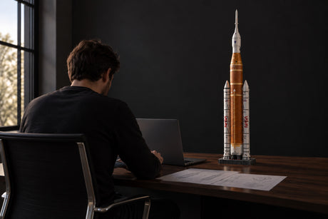 Il modello SLS 1:144 alto 72 cm su una scrivania, accanto a una persona seduta che lavora: la punta del razzo supera la sua testa
