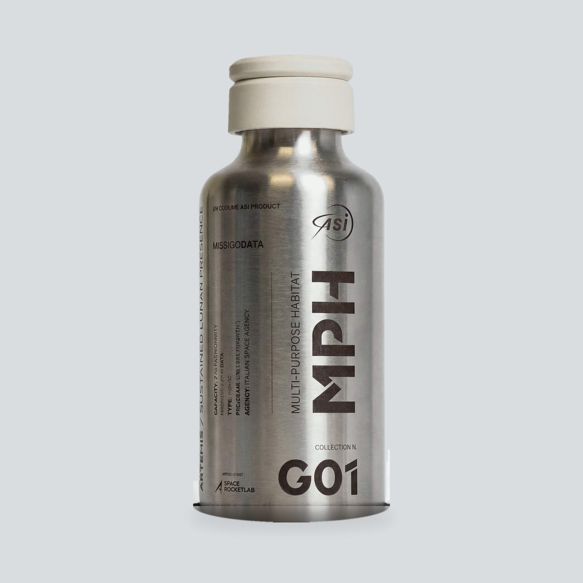 MPH stainless steel water bottle, angled view of the laser engraving