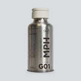 MPH stainless steel water bottle, angled view of the laser engraving