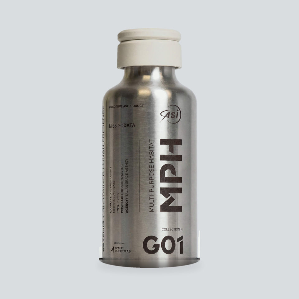 MPH stainless steel water bottle, angled view of the laser engraving