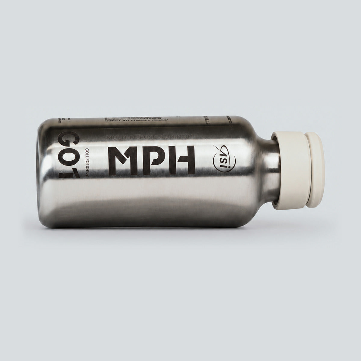 MPH stainless steel water bottle lying on its side, with the engraved cap