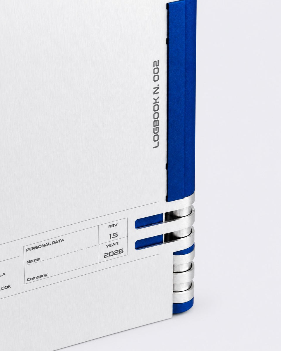 Detail of the Mission Logbook A6 spine and rings