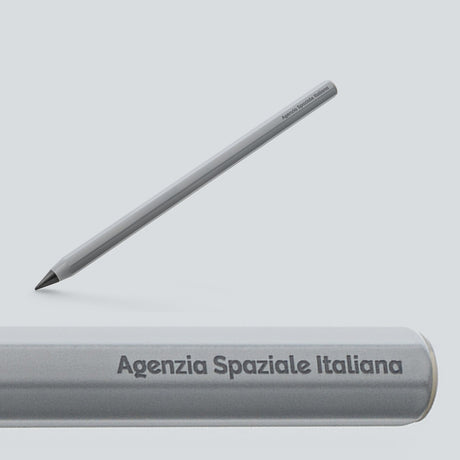 ASI infinity pencil in grey, with a close-up of the Agenzia Spaziale Italiana engraving