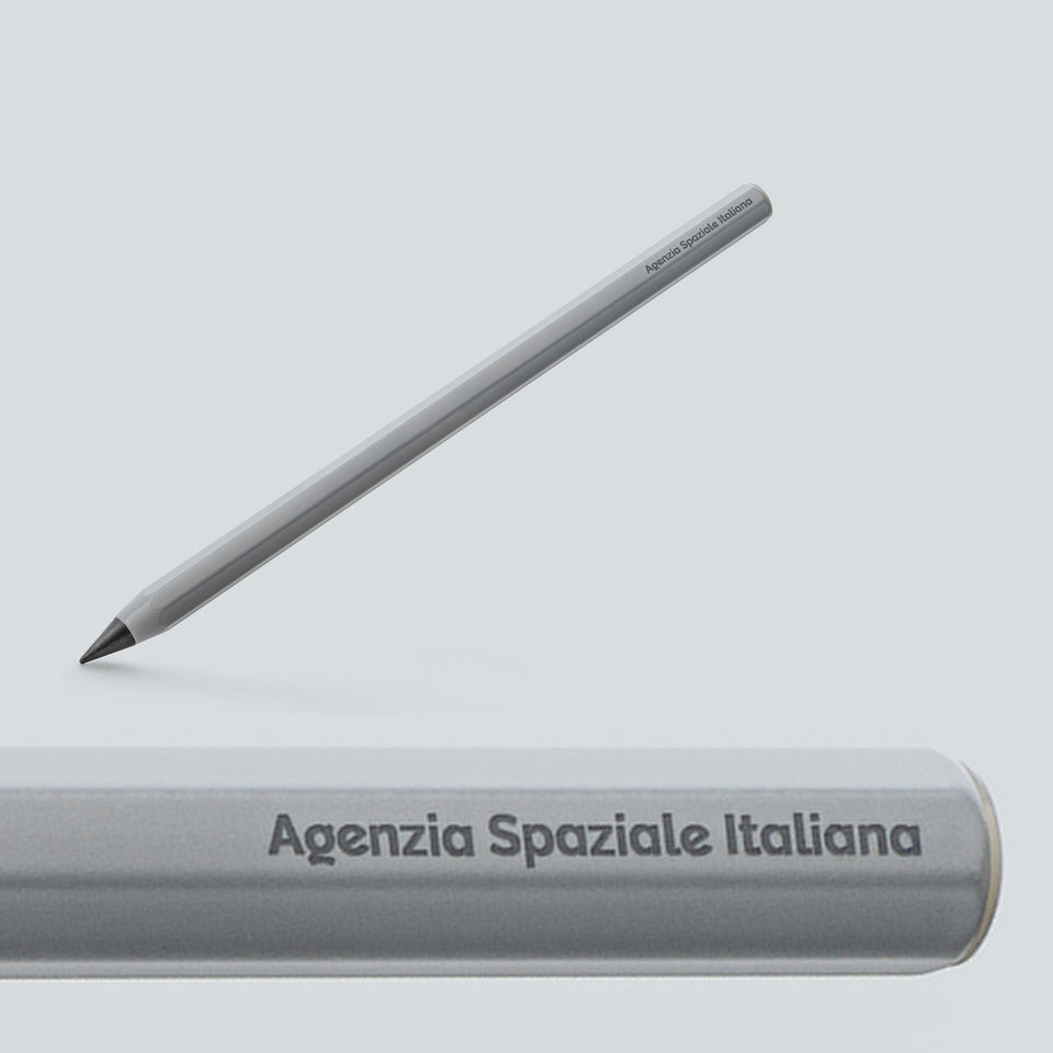 ASI infinity pencil in grey, with a close-up of the Agenzia Spaziale Italiana engraving