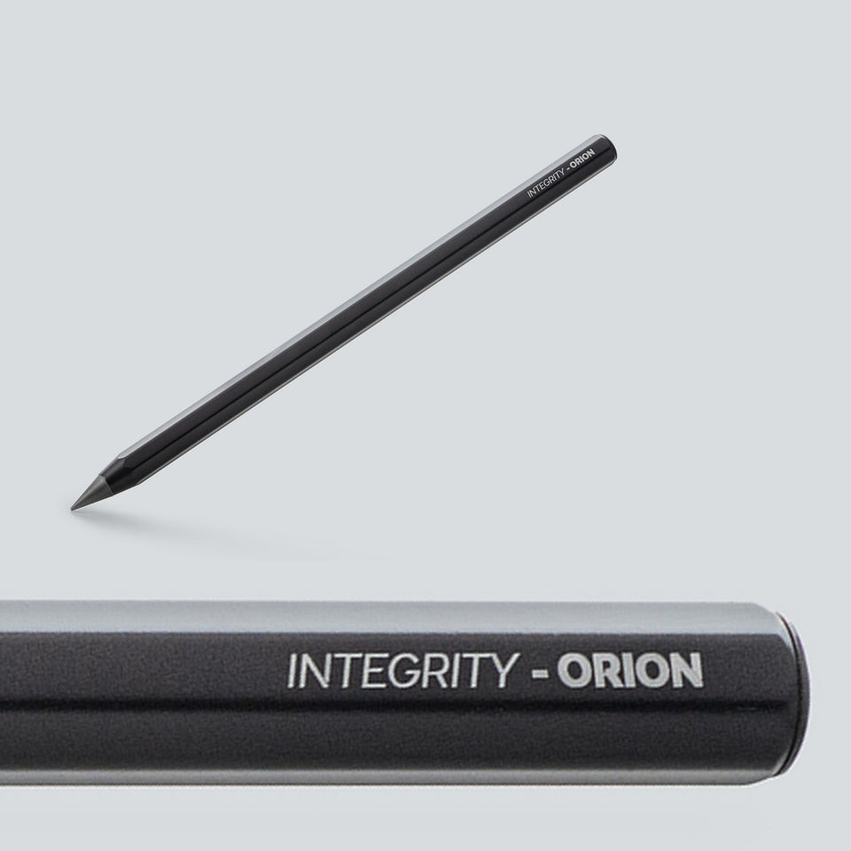 Orion-Integrity infinity pencil in black anodized aluminium, with a close-up of the INTEGRITY - ORION engraving