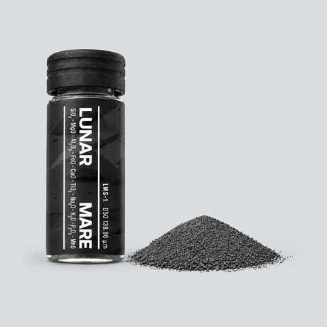 Lunar Mare LMS-1 regolith simulant vial with a small pile of grey powder