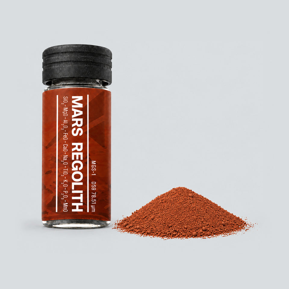 Mars Global MGS-1 regolith simulant vial with a small pile of red powder