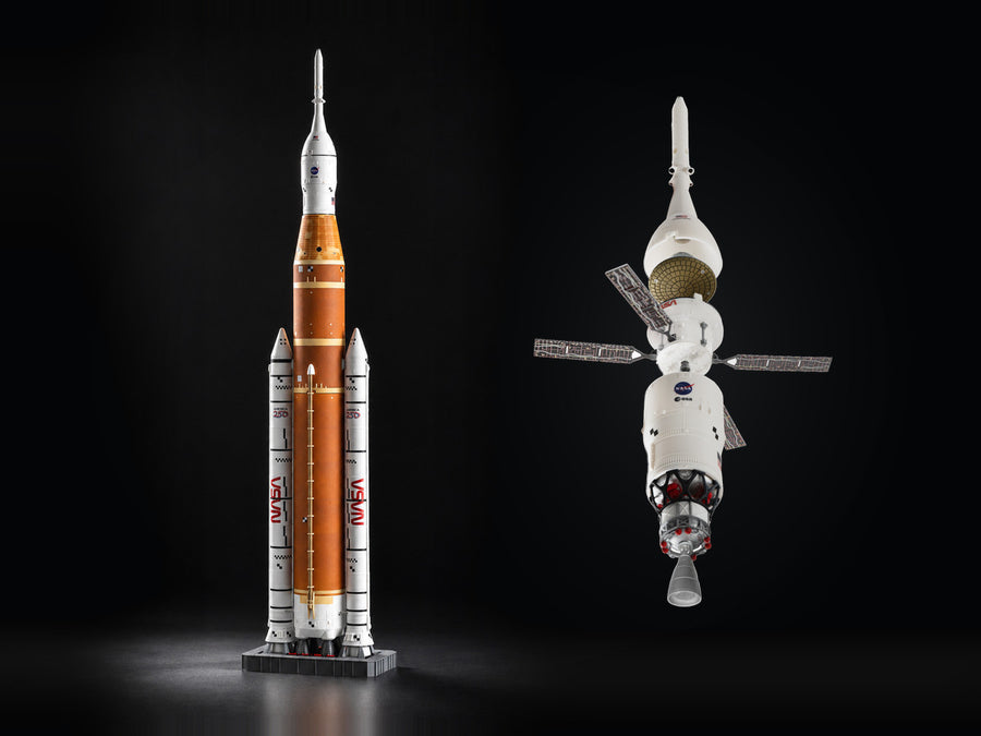 The SLS 1:144 model and its complete second stage, shown exploded